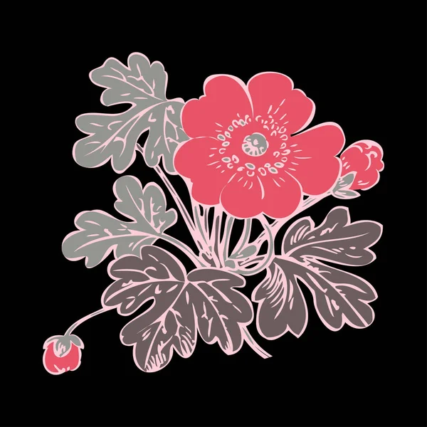 黑色背景向量上的花丛复古 手工绘制装饰花卉古色古香等高线 带有花卉和芽的特写分枝打印设计 — 图库照片