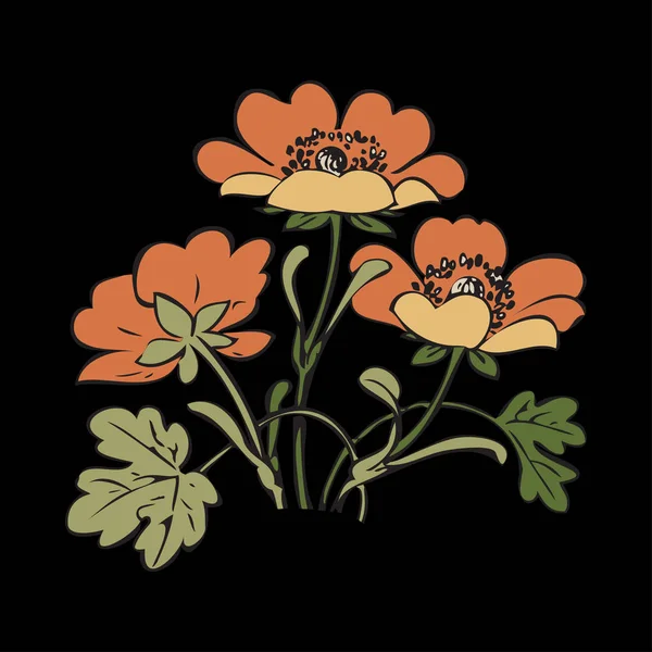 Arbusto Floral Retro Vector Fondo Negro Dibujado Mano Contorno Vendimia —  Fotos de Stock