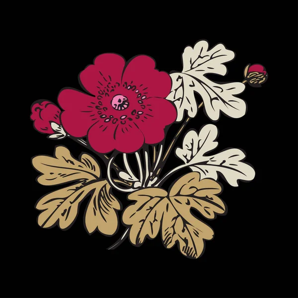 Kwiatowy Krzak Retro Czarnym Wektorze Tła Ręcznie Rysowane Dekoracyjne Kwiat — Zdjęcie stockowe