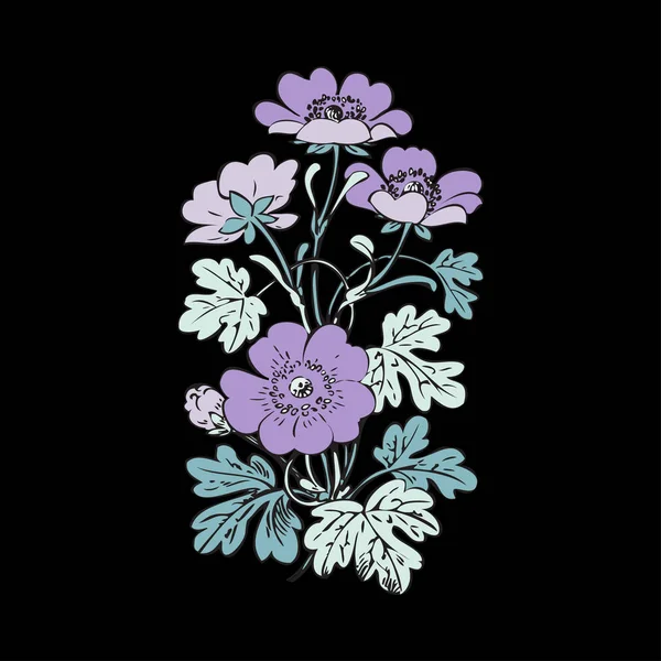 Arbusto Floral Retro Vector Fondo Negro Dibujado Mano Contorno Vendimia — Foto de Stock