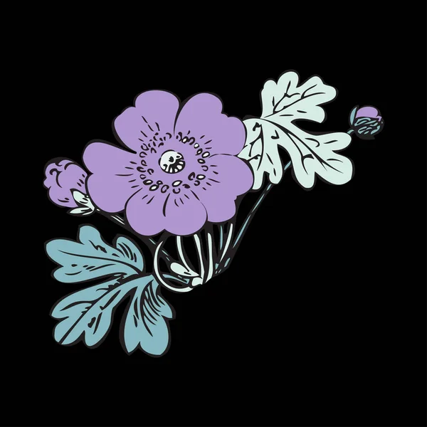 Retro Arbusto Floral Vetor Fundo Preto Mão Desenhada Decorativa Flor — Fotografia de Stock
