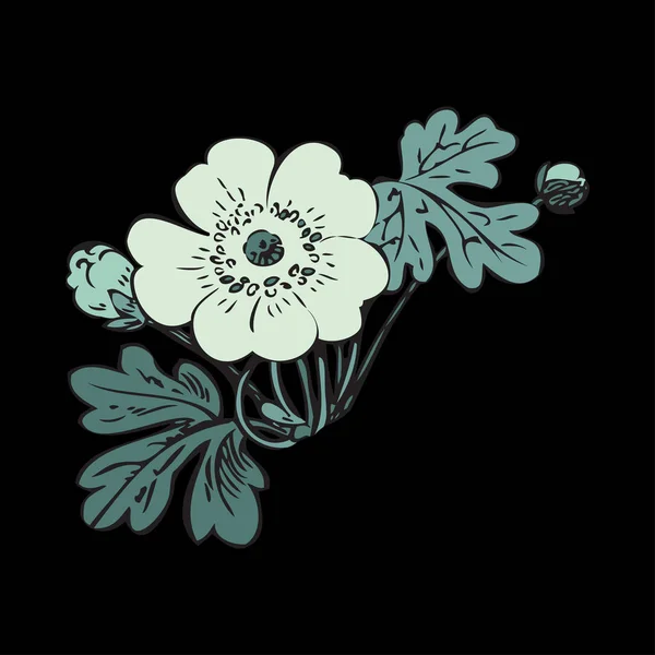 Retro Arbusto Floral Vetor Fundo Preto Mão Desenhada Decorativa Flor — Fotografia de Stock