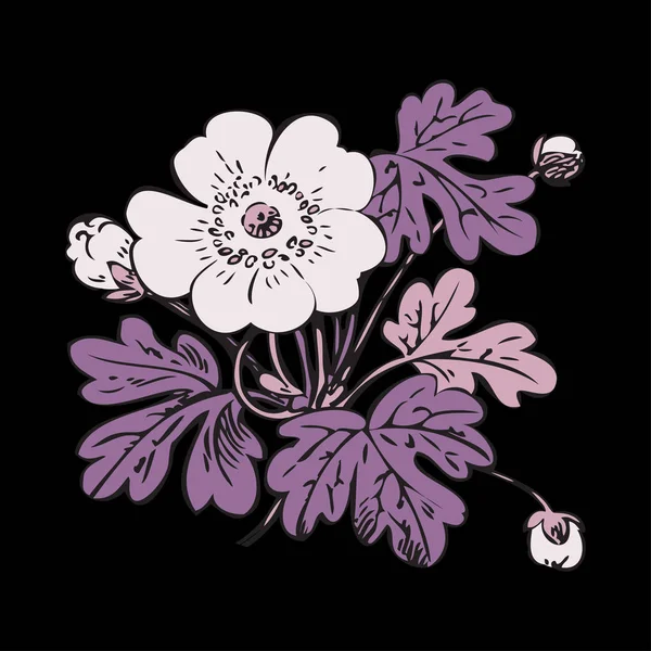 Arbusto Floral Retro Vector Fondo Negro Dibujado Mano Contorno Vendimia —  Fotos de Stock