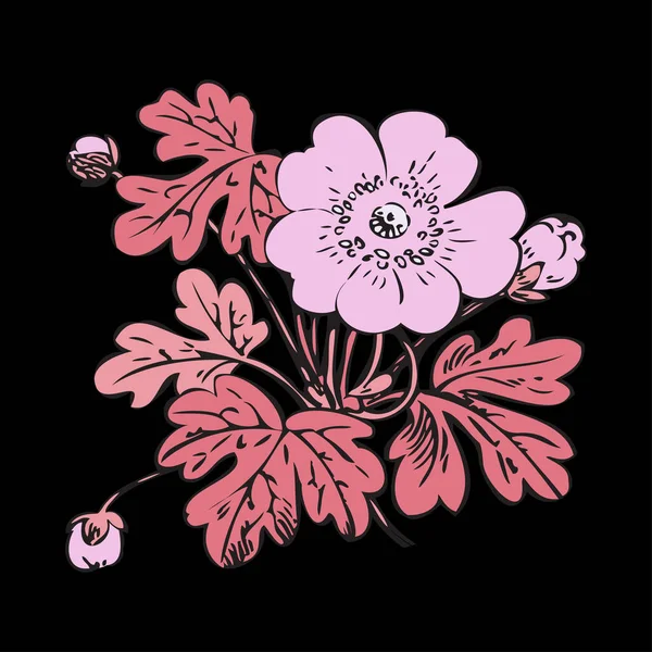 Arbusto Floral Retro Vector Fondo Negro Dibujado Mano Contorno Vendimia — Foto de Stock