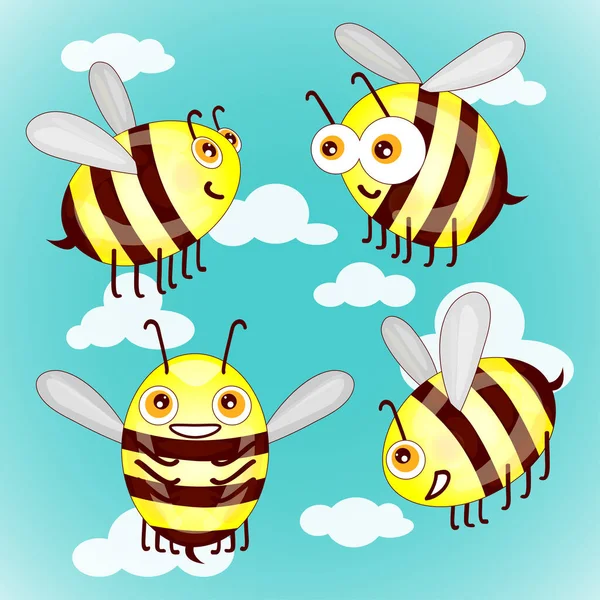 Set Cartoon Niedlichen Bienen Himmel Mit Wolken Vektor Illustration — Stockfoto