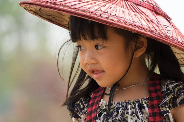 Portrait Asian Girl Close Four Year Old Kid Vietnamese Hat — Stock Photo, Image