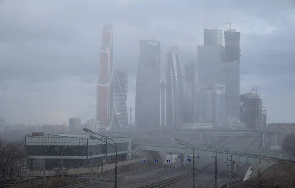 Moskou City Complex Aanbouw Sneeuwstorm — Stockfoto