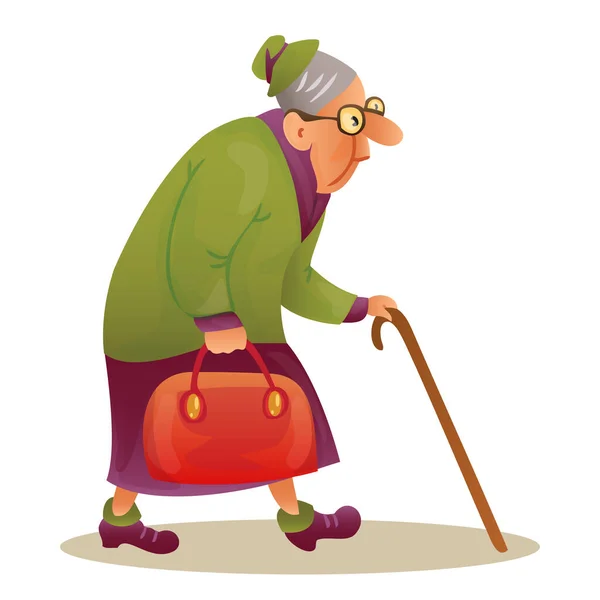 Funny Elderly Lady Glasses Grandmother Stick Bag Hunched Elderly Lady — Stock Photo, Image