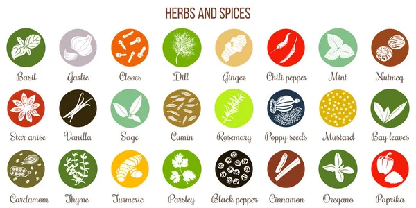 Big icon set of popular culinary herbs and spices white silhouettes. Color background. Rosemary, chili pepper, garlic, basil, anise etc. For cosmetics, store, spa, health care, logo design, tag, label