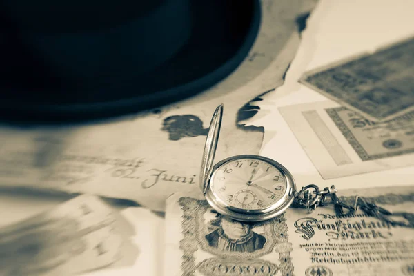 Antique Pocket Watch Hat Reichsmark Money Bill — Stock Photo, Image