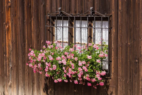 Vergitterte Fenster Mit Blumen Einem Alten Landhaus Mit Rauen Holzwänden — Stockfoto