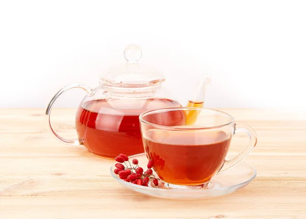 Gesunder Tee Mit Berberitzen Glasschale Auf Weißem Hintergrund — Stockfoto