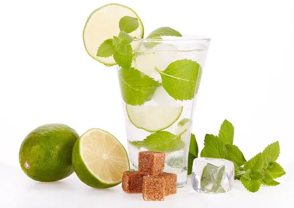 Mojito Cocktail Lime Leaves Mint Pieces Sugar White Background — 스톡 사진