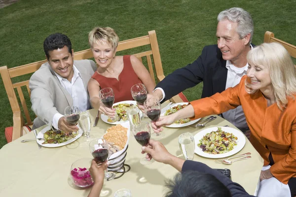 Diverso Grupo Amigos Almorzando Juntos Brindando Con Vino —  Fotos de Stock