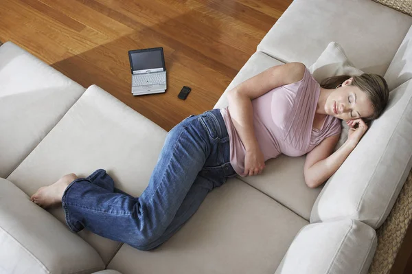 Full Length Woman Sleeping Couch — Stock Photo, Image