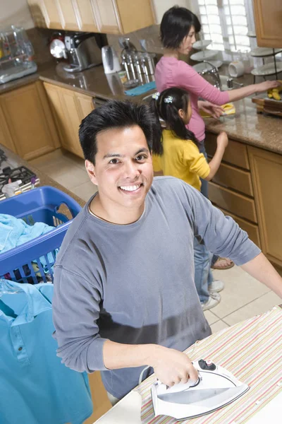 Portrait Happy Man Ironing Clothes Family Kitchen — Stock Photo, Image