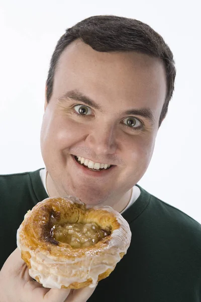 Retrato Hombre Feliz Mediana Edad Sosteniendo Donut Aislado Sobre Fondo —  Fotos de Stock