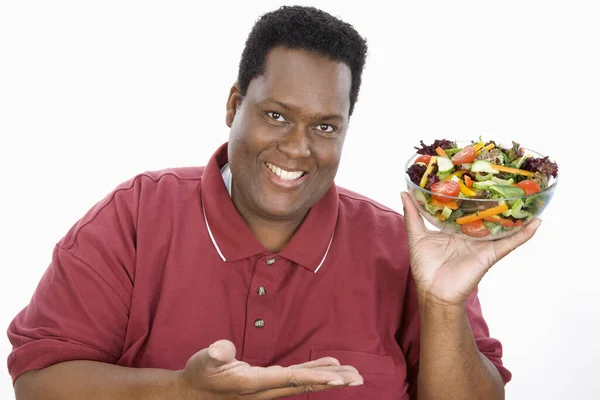 Portrait African American Obese Man Holding Bowl Salad Isolated White — Stock Photo, Image