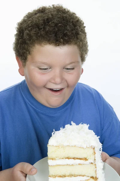 Obese Teenage Boy Looking Cake Isolated White Background — Stock Photo, Image