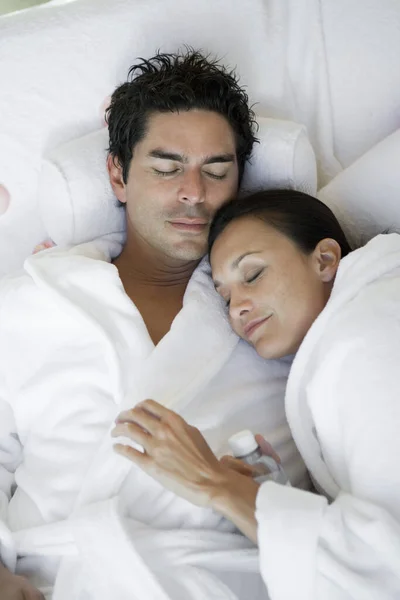 High Angle View Man Woman Bathrobe Sleeping Together — Stock Photo, Image