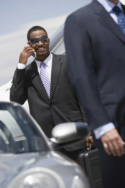 Young African American Businessman Call Standing Car Airfield — Stock Photo, Image