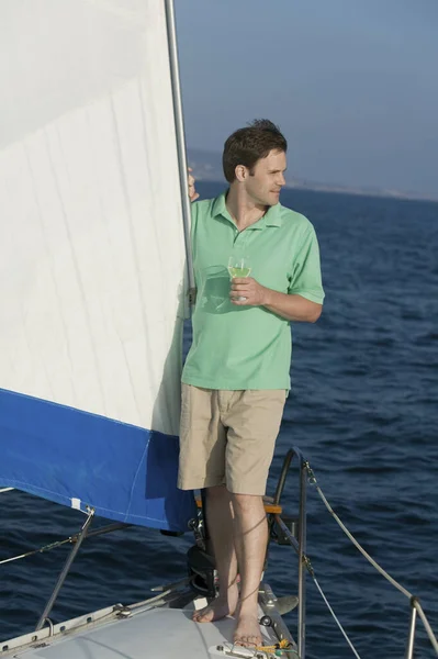 Full Length Mature Man Holding Wine Glass Sailboat — Stock Photo, Image