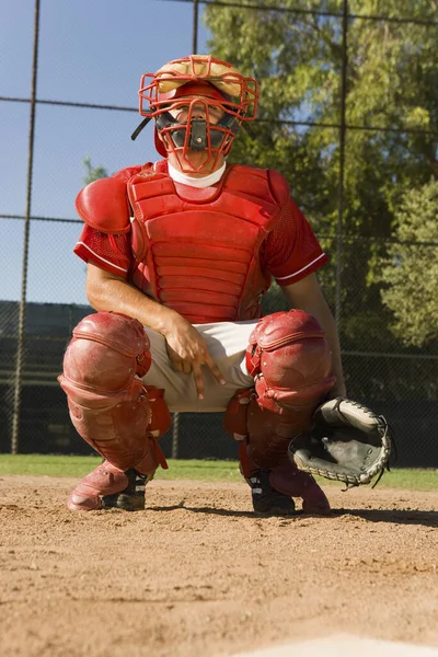 Baseball Catcher Crouches Gestures Hand Sign — Stock Photo, Image