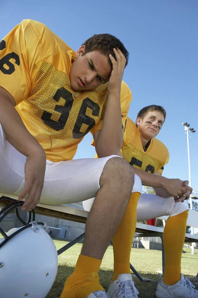 Low Angle View Tense Rugby Player Sitting Teammate Bench — Stock Photo, Image