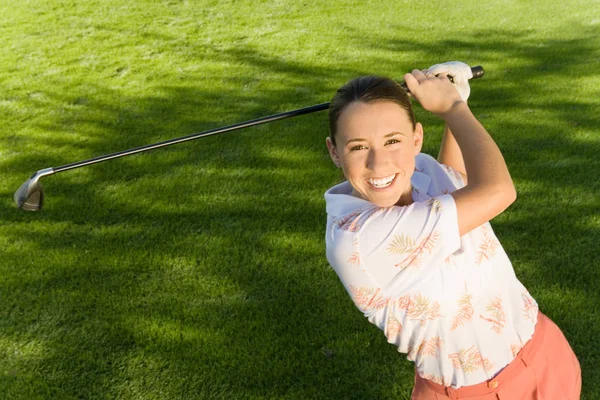 High Angle View Happy Young Woman Playing Golf — Stock Photo, Image