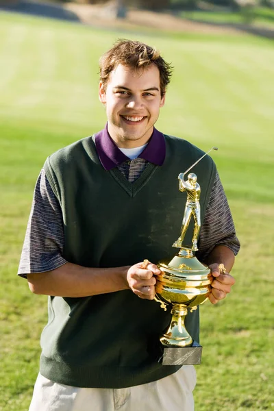 Retrato Hombre Mediana Edad Feliz Sosteniendo Trofeo Campo Golf —  Fotos de Stock