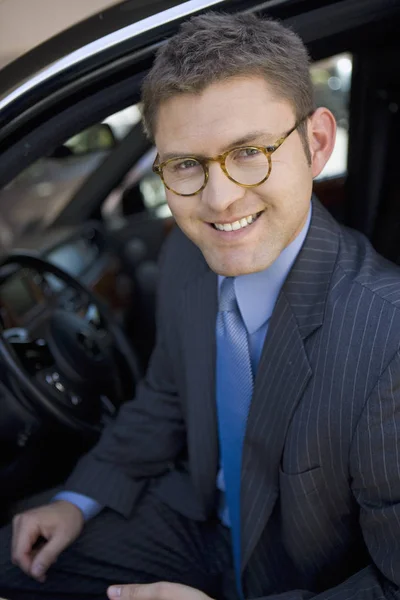 Portrait Happy Businessman Sitting Car — Stock Photo, Image