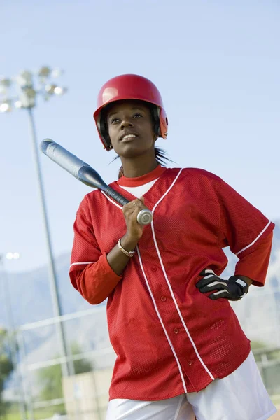 Young African American Woman Holding Baseball Bat Hand Hip — Stock Photo, Image