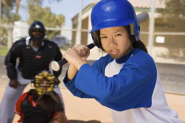 Young Asian Baseball Player Holding Bat Keeper Referee Background — Stockfoto