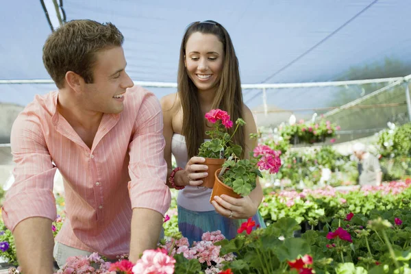 Feliz Joven Hombre Mujer Con Plantas Maceta Invernadero —  Fotos de Stock