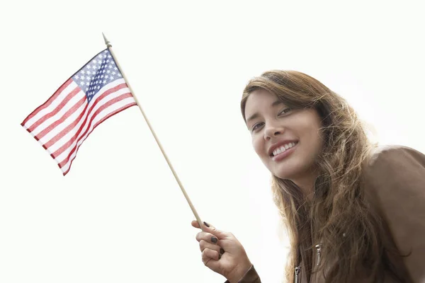 Low Angle View Young Woman Raising American Flag Clear Sky — Stock Photo, Image