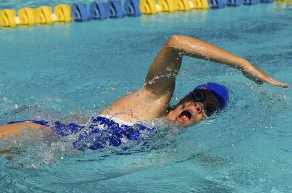경쟁적 선수는 수영장 경주중에 프리스타일로 수영한다 — 스톡 사진