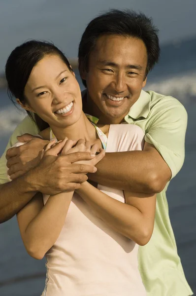 Happy Mature Man Embracing Woman Beach — Stock Photo, Image