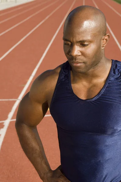 African American Male Runner Racing Track — Stockfoto