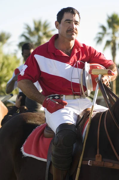 Polo Player Sitting Horse While Holding Helmet Polo Stick Hand — Stockfoto