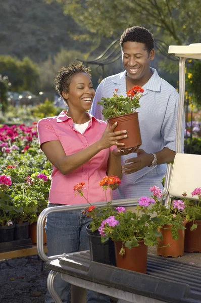 아프리카 미국인 부부가 카트에 식물을 — 스톡 사진
