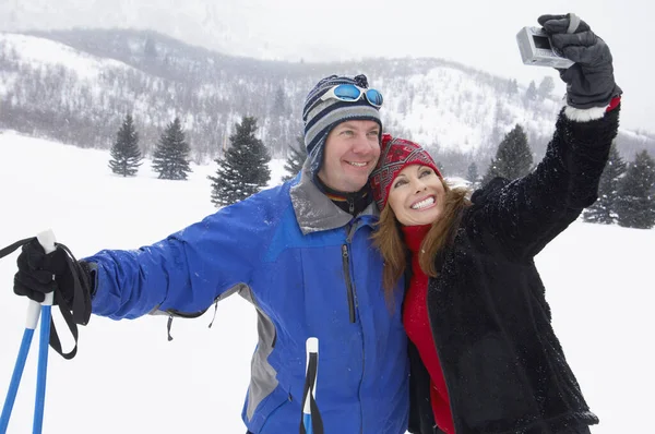 Happy Mature Couple Taking Self Portrait Snow — Stock Photo, Image