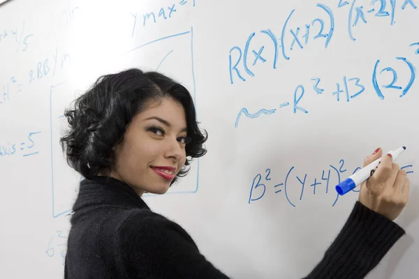 Portrait Young Female Student Writing Whiteboard — Stock Photo, Image