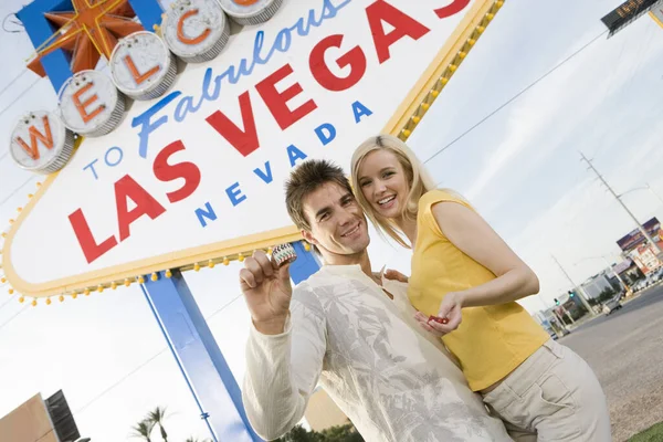 Portrait Caucasian Couple Holding Casino Chips Standing Welcome Las Vegas — Stock Photo, Image