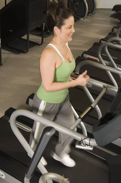 Full Length Happy Mature Woman Running Treadmill Gym — Stock Photo, Image