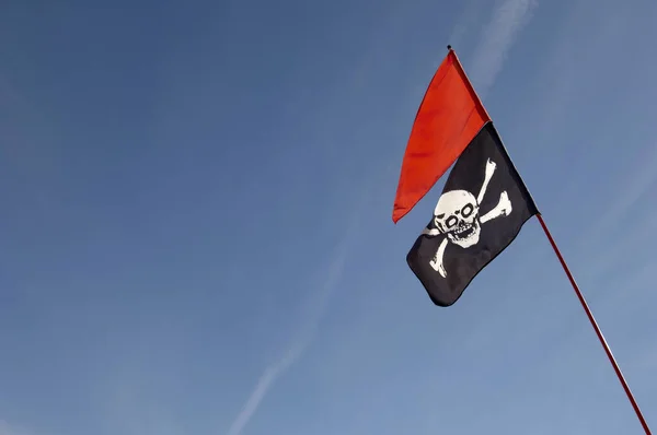 Laag Hoekzicht Van Schedel Kruisbeenderen Vlag Tegen Lucht — Stockfoto