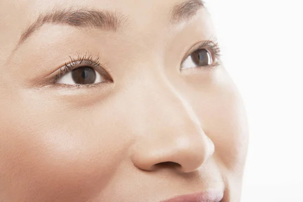 Cropped Image Happy Asian Woman Daydreaming White Background — Stock Photo, Image