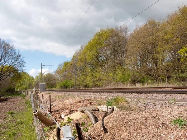 기차가 시골의 선로와 철조망 울타리와 배경에 나무가 있습니다 — 스톡 사진