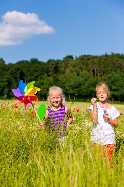 Zwei Kinder Auf Feld Spielen Mit Seifenblasen Und Windmühle — Stockfoto