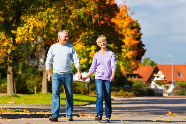 Senior Couple Man Woman Having Walk Autumn Fall Outdoors Trees — Stock Photo, Image