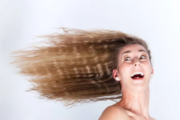 Dlouhé Vlasy Ženy Vlající Větru — Stock fotografie
